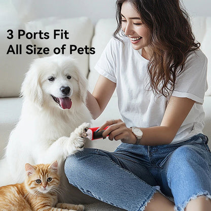 Woman with a white dog and orange cat, holding a product, with text '3 Ports Fit All Size of Pets'.