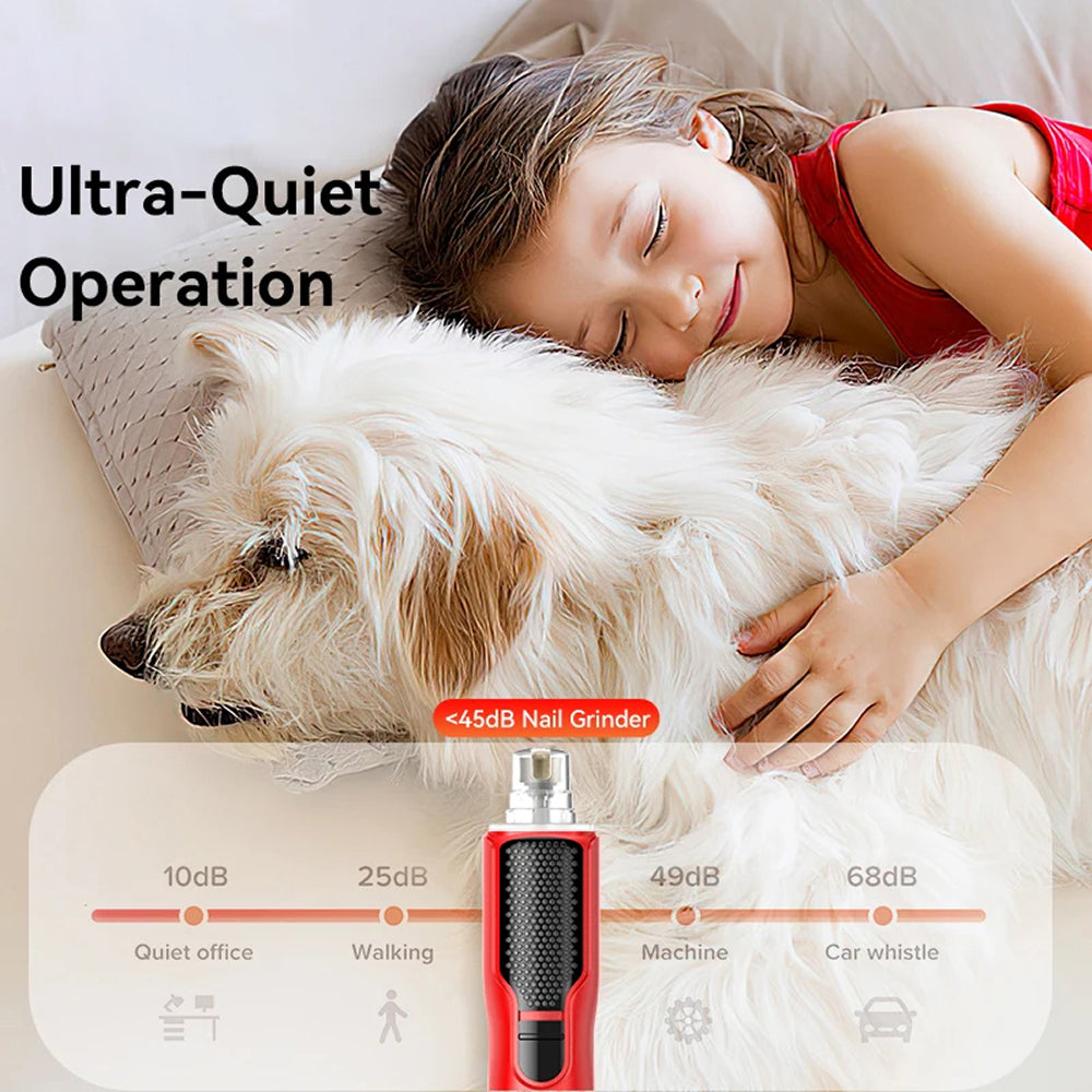 Child and dog lying on a bed with an ultra-quiet nail grinder displayed.