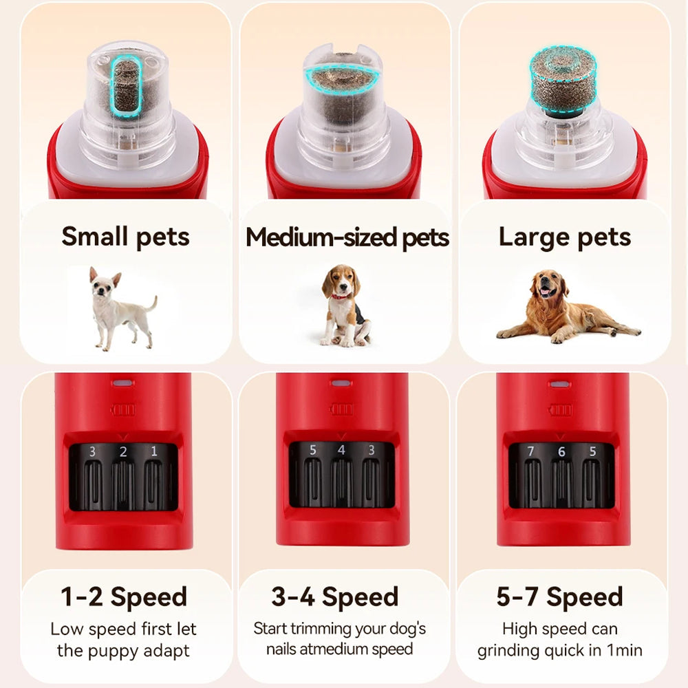 NaxiGriva Dog Nail Grinder for dogs with size guide for small, medium, and large pets.