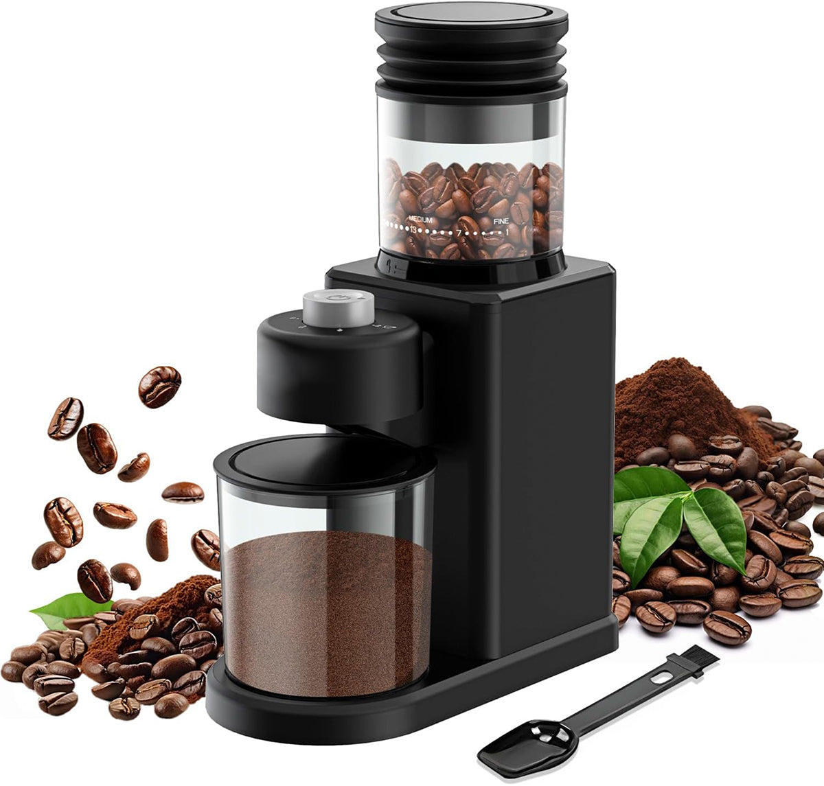 Black NeadGrint Espresso Grinder with coffee beans and grounds on a white background