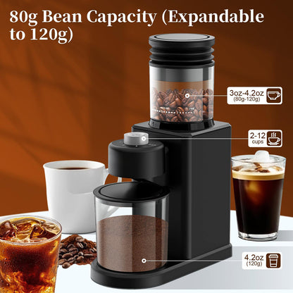 NeadGrint Espresso Grinder with clear bean hopper and powder container, shown with coffee cups and beans on a white surface against a brown background, with text indicating 80g bean capacity expandable to 120g.