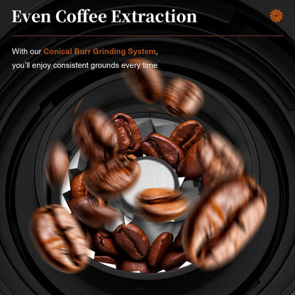 NeadGrint Espresso Grinder falling into a grinder with text about conical burr grinding system.