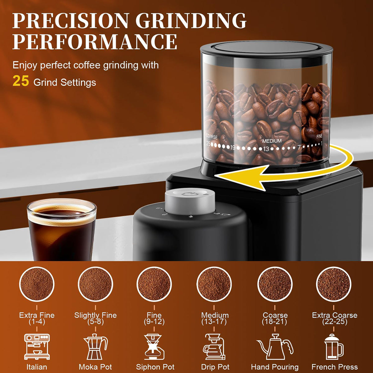 A NeadGrint Espresso Grinder with a clear bean hopper filled with roasted coffee beans, shown with a glass of espresso and marketing text about precision grinding and 25 grind settings. The bottom includes a row of grind settings with icons and bean size circles.