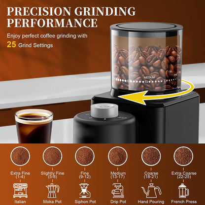 A NeadGrint Espresso Grinder with a clear bean hopper filled with roasted coffee beans, shown with a glass of espresso and marketing text about precision grinding and 25 grind settings. The bottom includes a row of grind settings with icons and bean size circles.