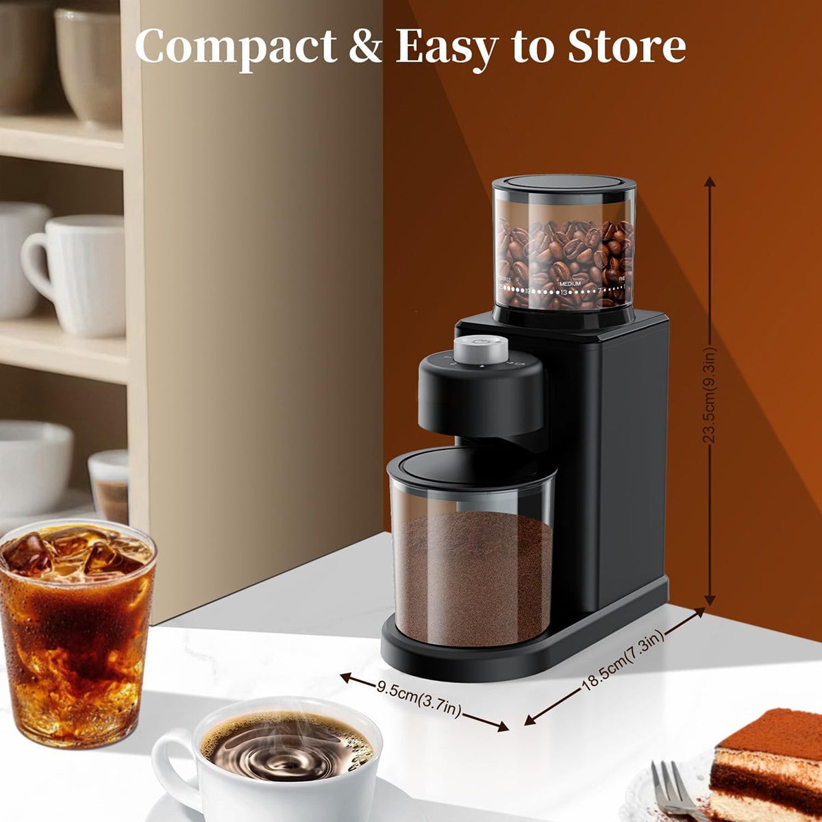 Compact NeadGrint Espresso Grinder with clear bean and grounds containers, shown on a countertop with coffee cups, iced coffee, and cake slices. White text at the top reads 'Compact & Easy to Store' with size arrows and measurements around the grinder.