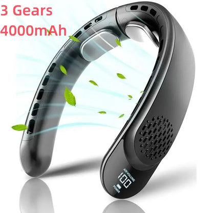Black NeckyKool Bladeless Neck Fan with digital display on a white background
