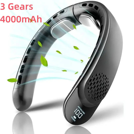 Black NeckyKool Bladeless Neck Fan with digital display on a white background