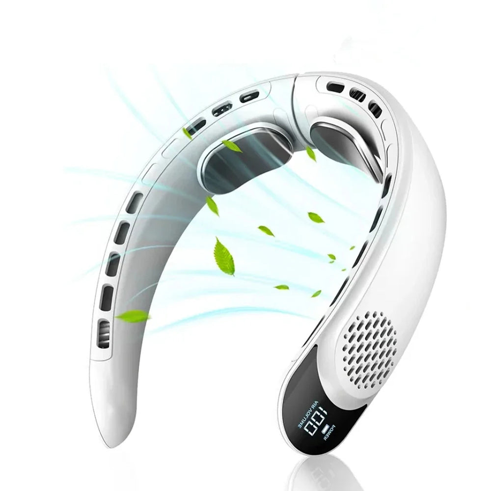 White NeckyKool Bladeless Neck Fan with digital display on a white background