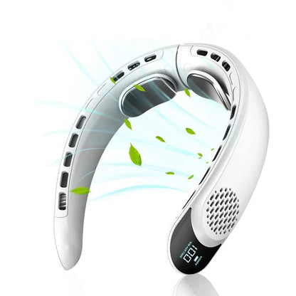 White NeckyKool Bladeless Neck Fan with digital display on a white background