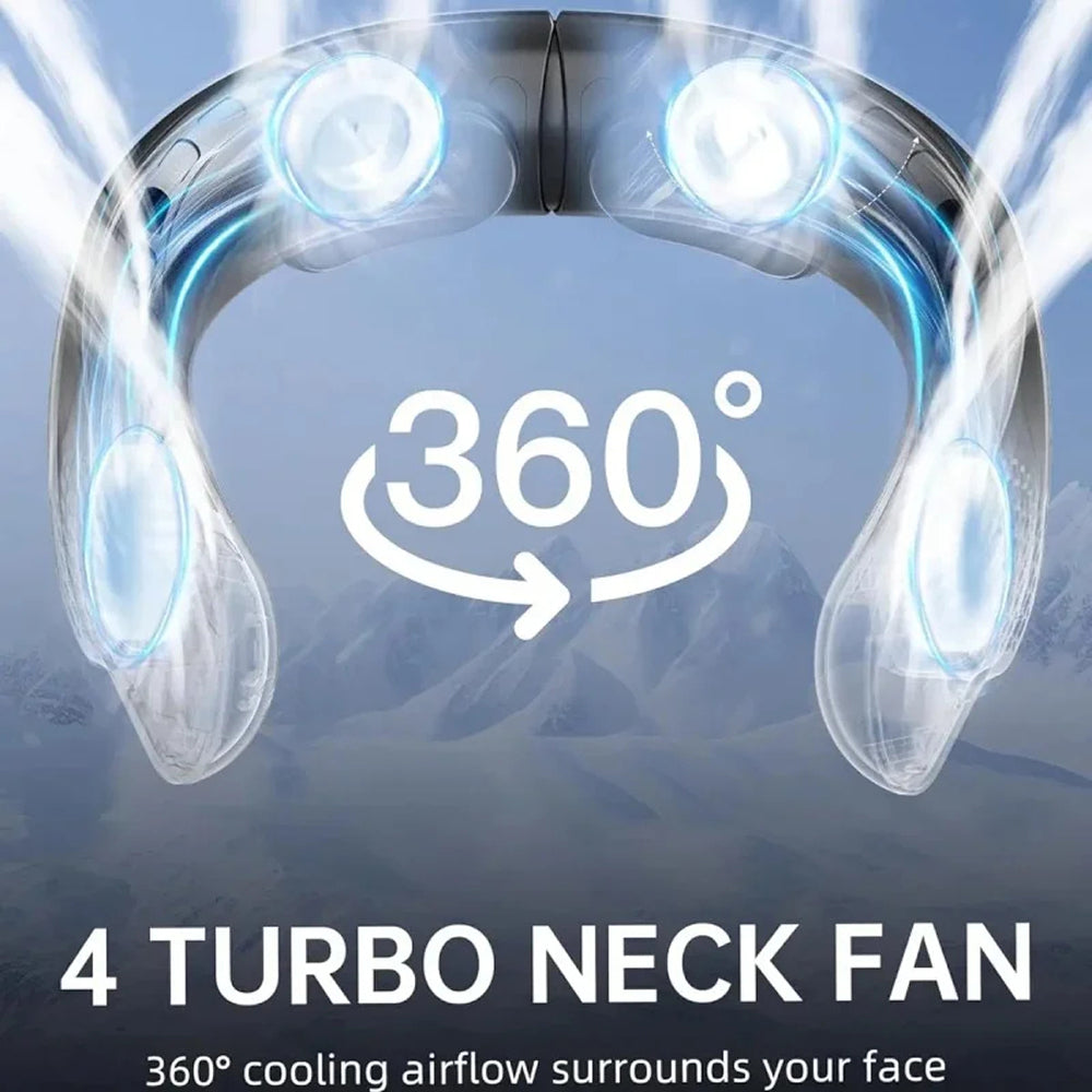 4 Turbo NeckyKool Bladeless Neck Fan with 360-degree cooling airflow on a blue gradient background