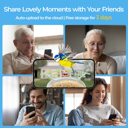 Promotional graphic with people using phones, auto-upload feature, and free storage offer.