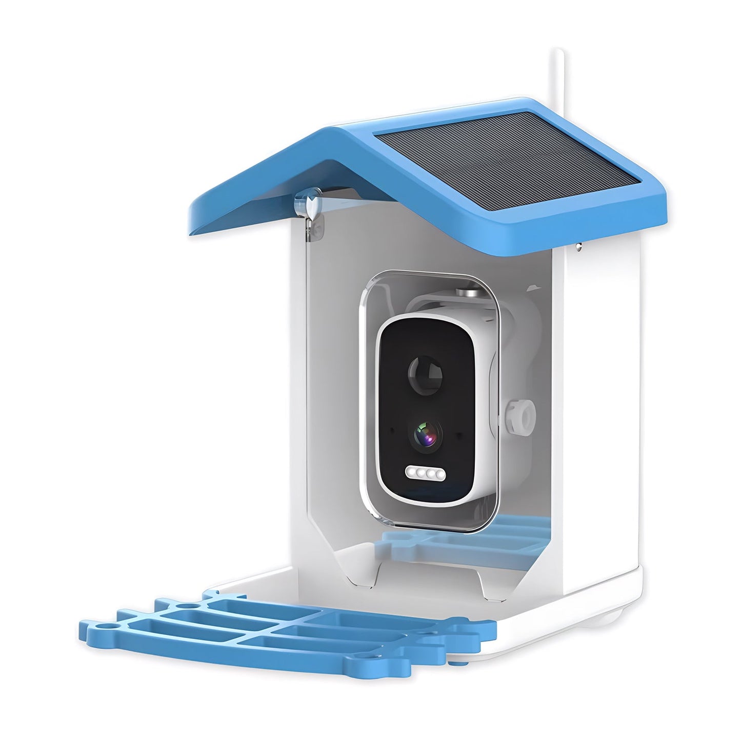 NestoLenzi Smart Bird Feeder with blue and white design on a white background