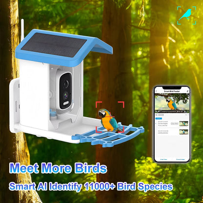 NestoLenzi Smart Bird Feeder with camera and smartphone app displaying bird images, set against a forest background.
