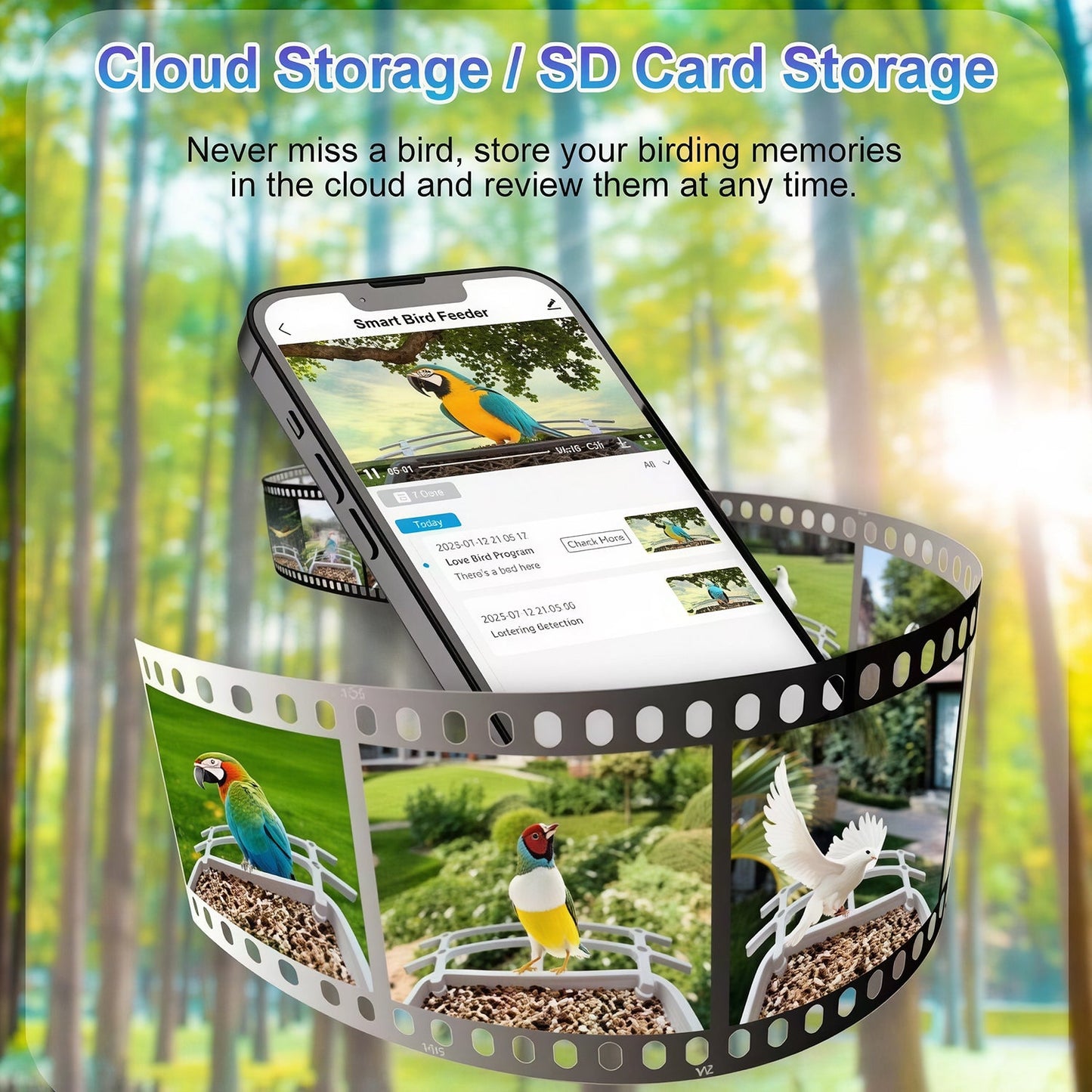NestoLenzi Smart Bird Feeder with smartphone app interface against a forest background