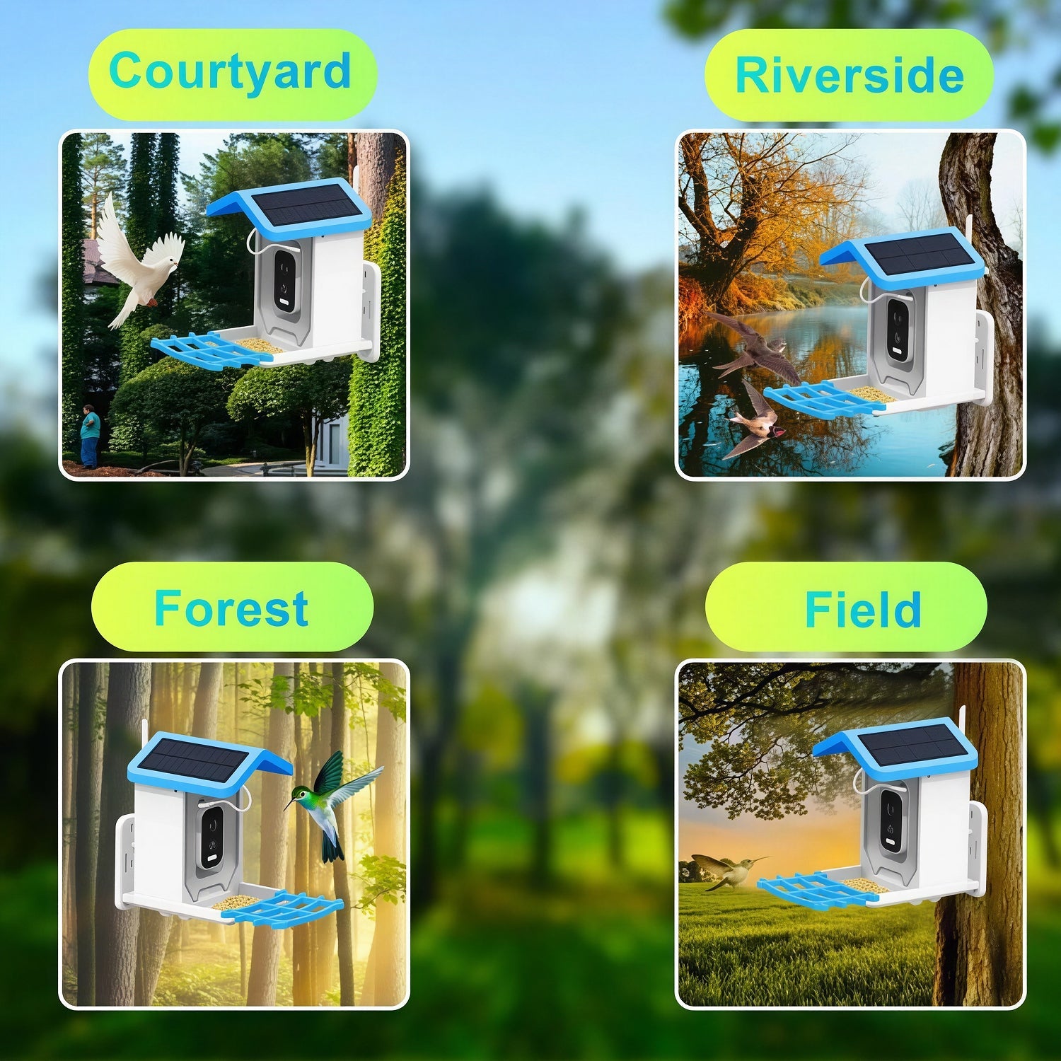 Solar-powered NestoLenzi Smart Bird Feeder in various outdoor settings including courtyard, riverside, forest, and field.