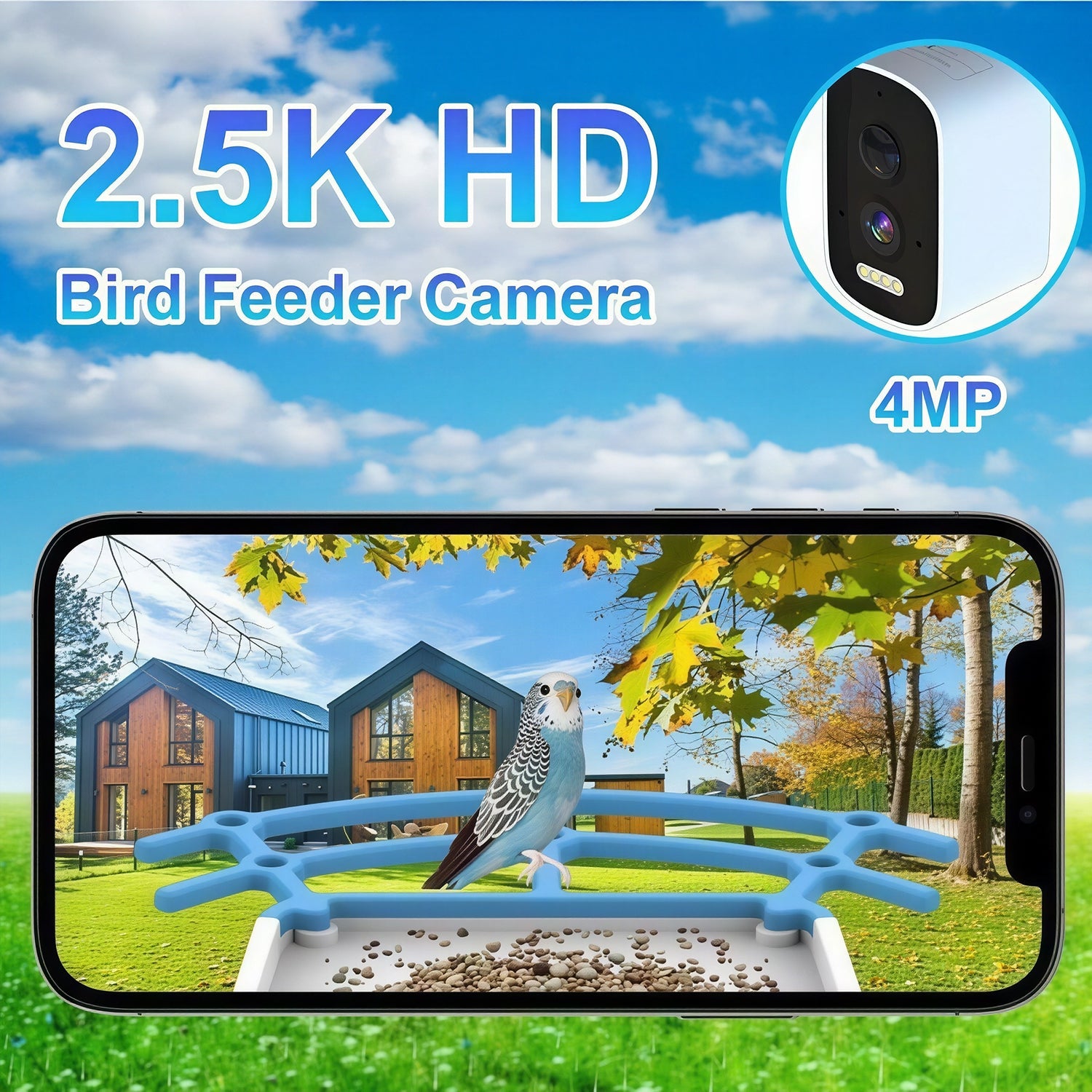 NestoLenzi Smart Bird Feeder with smartphone displaying bird on a feeder against a scenic background