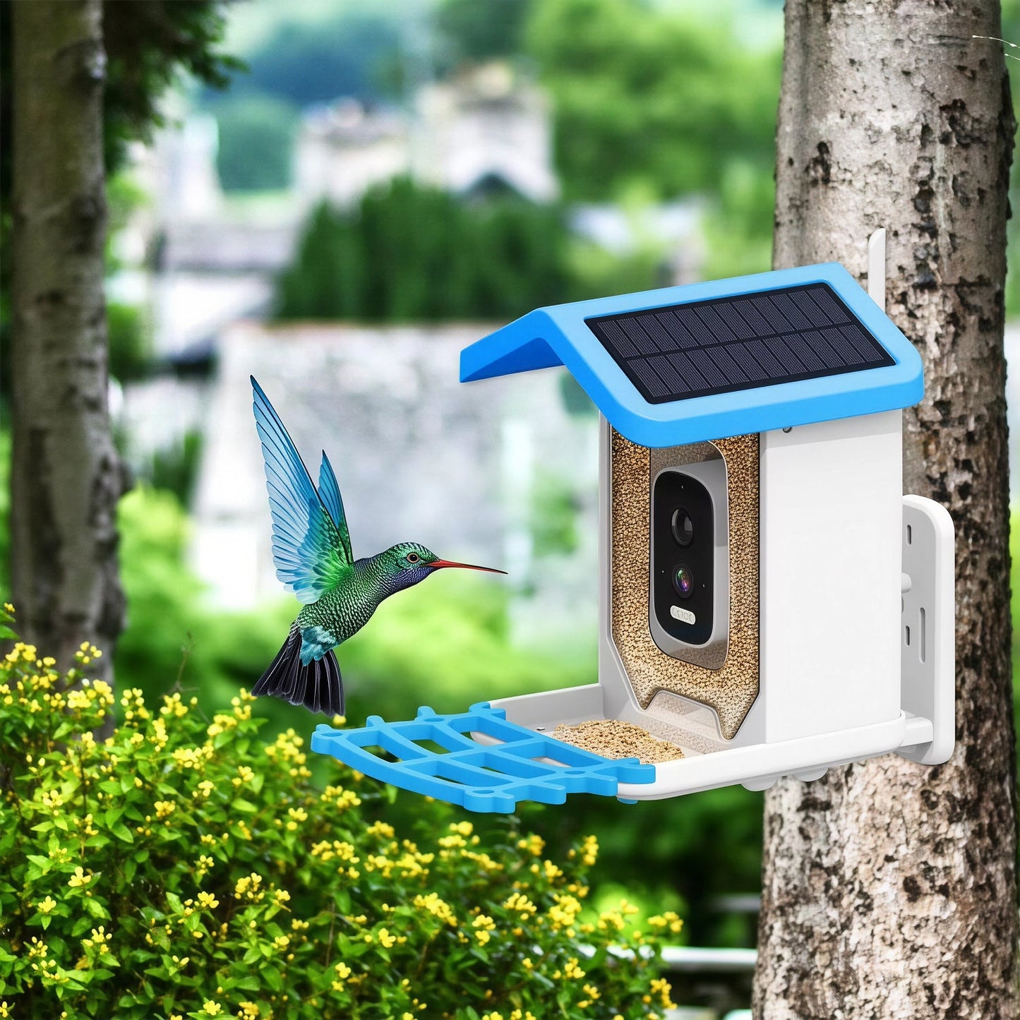 Solar-powered NestoLenzi Smart Bird Feeder attached to a tree with a hummingbird illustration.