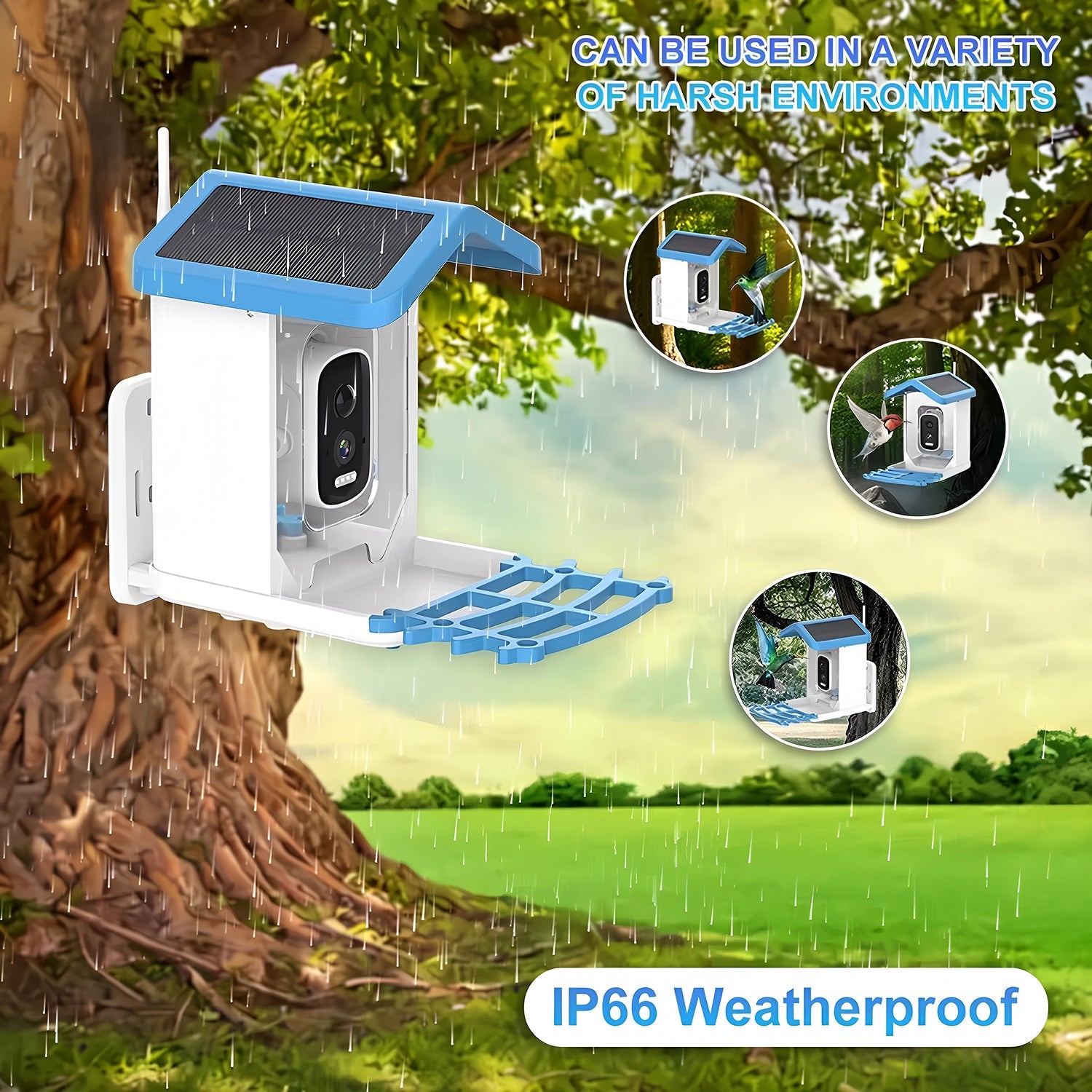 Weatherproof NestoLenzi Smart Bird Feeder system attached to a tree with outdoor scenery and text highlighting its durability.