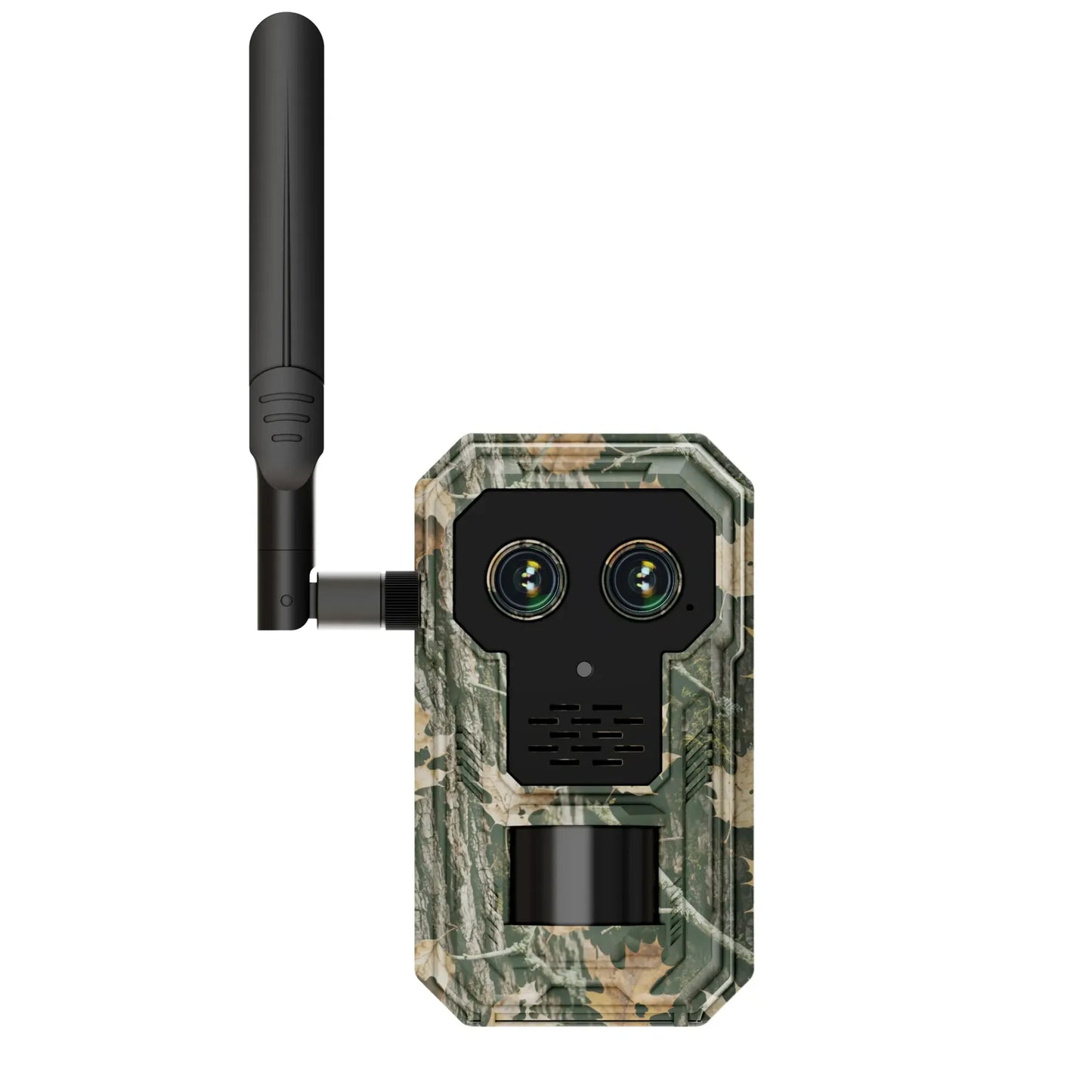 Camouflage-patterned Nordowl Trail Camera with antenna on a white background