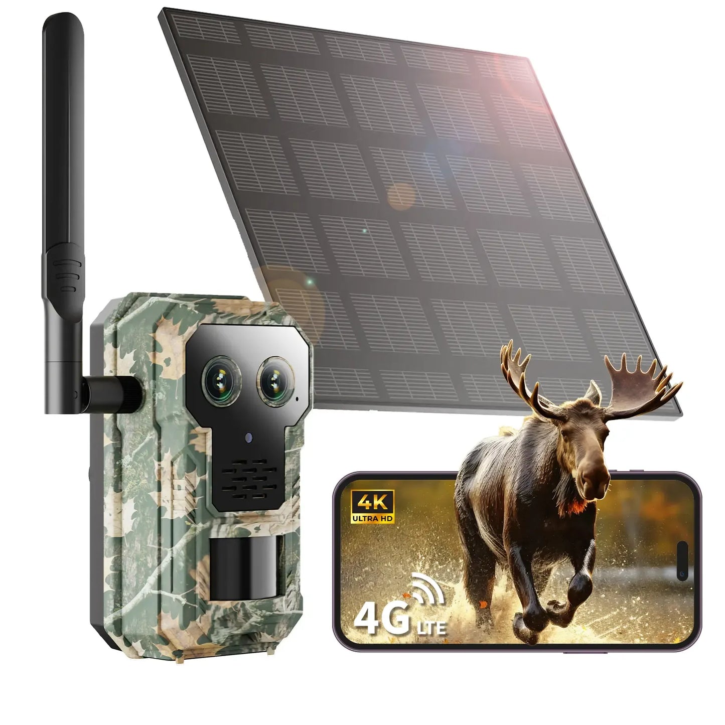 Camouflage Nordowl Trail Camera with solar panel and smartphone displaying a moose image.