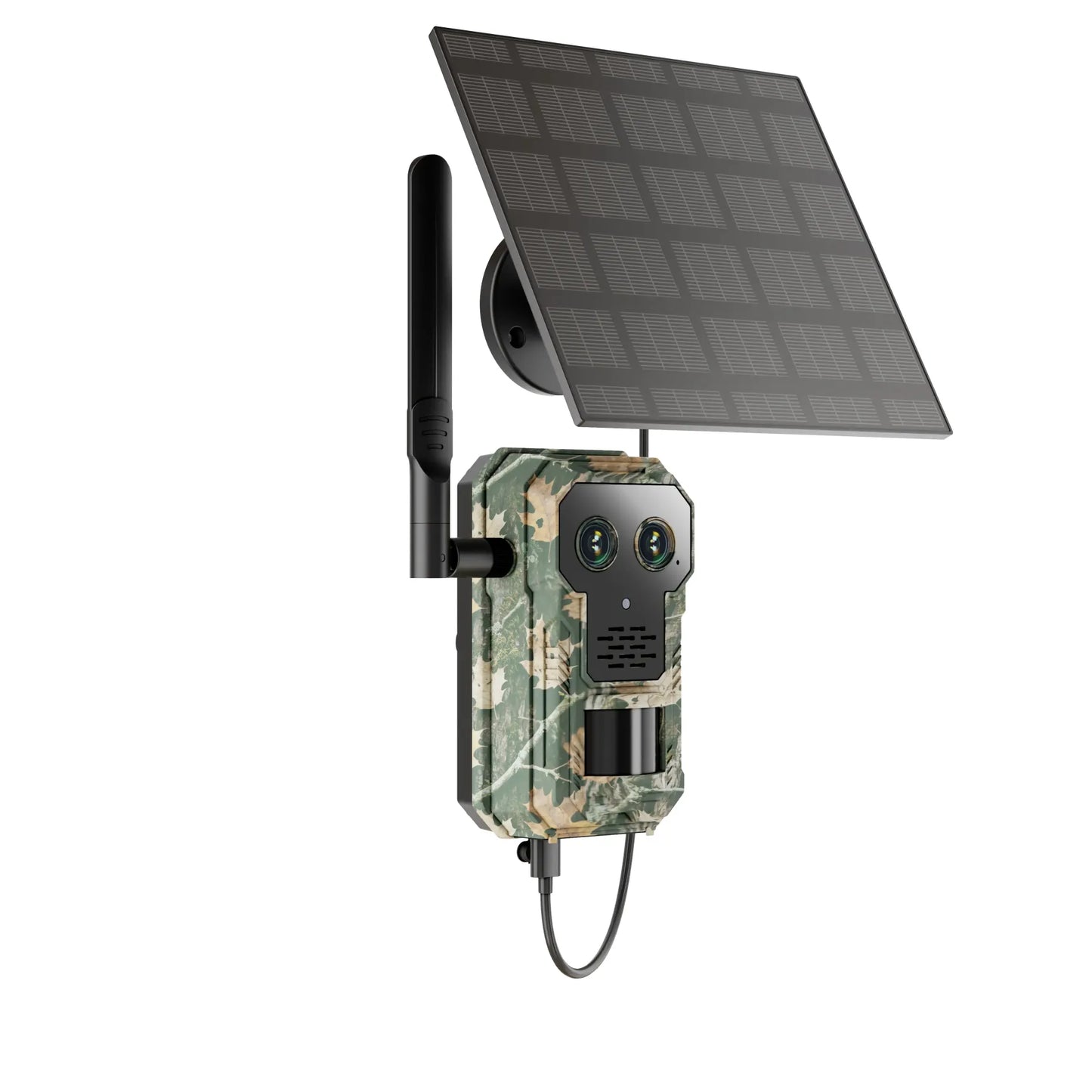 Camouflage-patterned Nordowl Trail Camera with solar panel on a white background