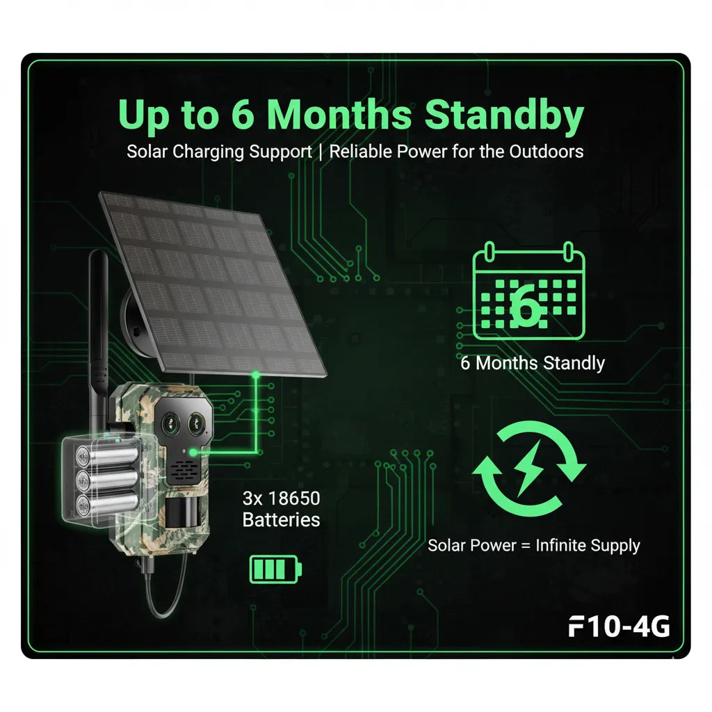 Nordowl Trail Camera with solar panel and battery display, highlighting 6 months standby time and solar charging support.