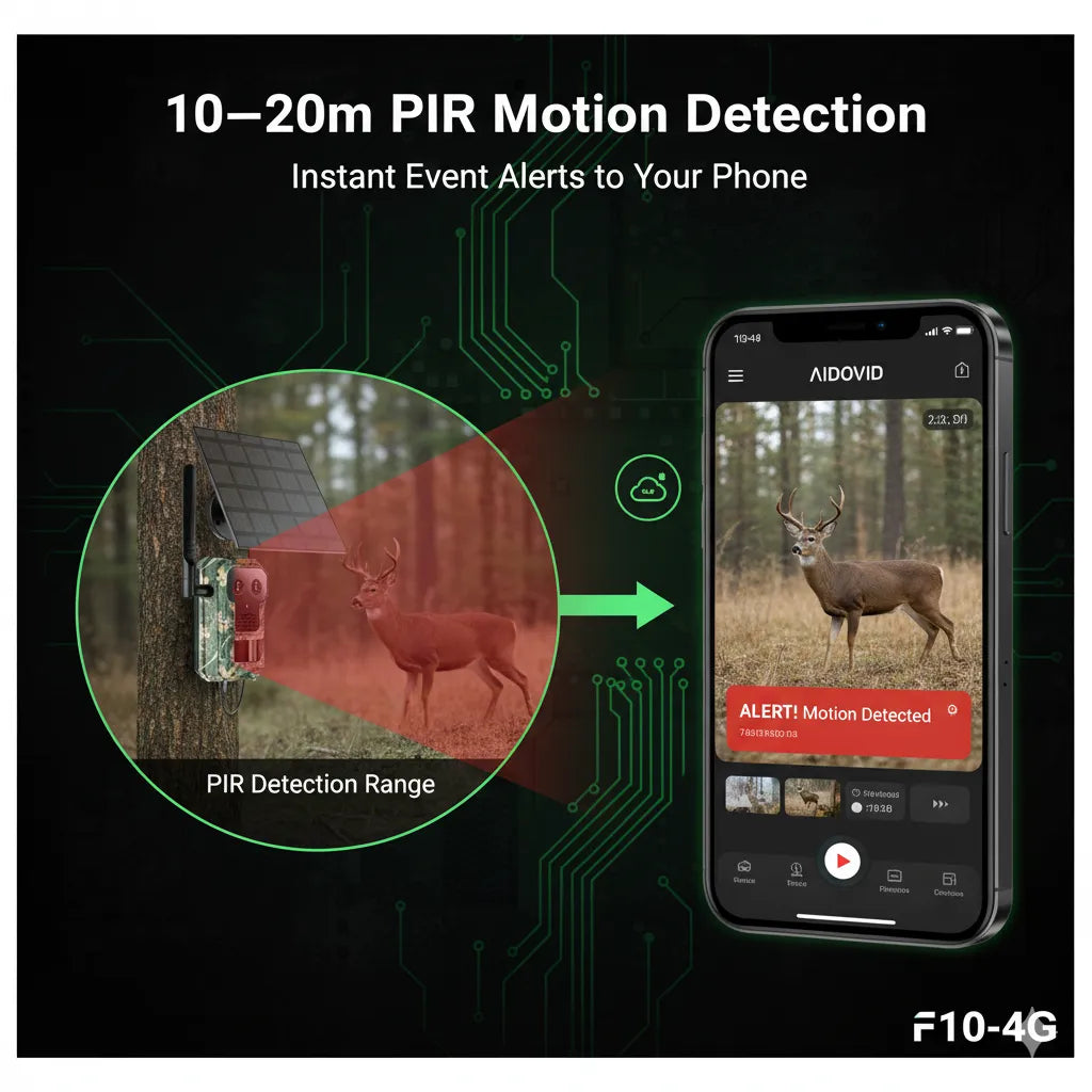 Motion detection Nordowl Trail Camera with smartphone app showing deer in forest, labeled '10-20m PIR Motion Detection'.