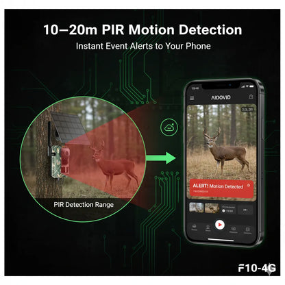 Motion detection Nordowl Trail Camera with smartphone app showing deer in forest, labeled '10-20m PIR Motion Detection'.