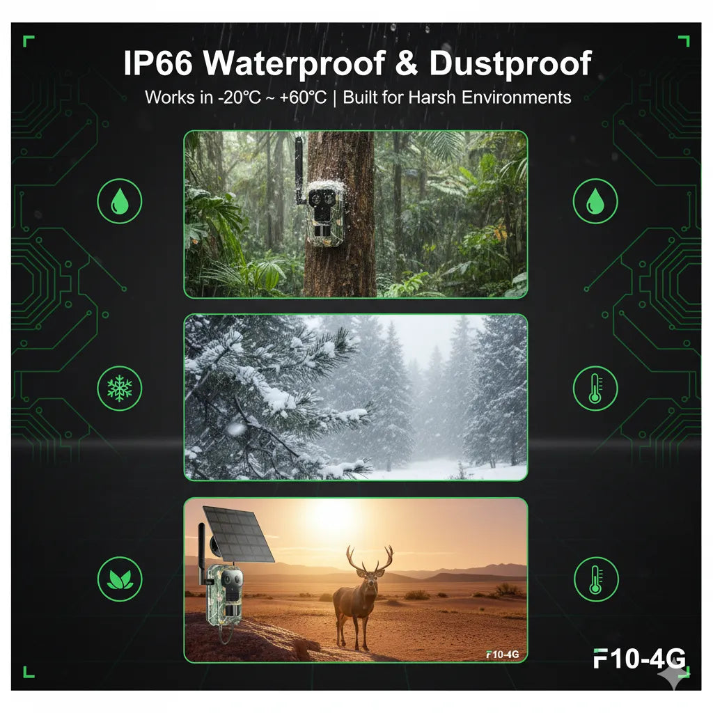 IP66 waterproof and dustproof Nordowl Trail Camera in various outdoor settings with text and icons.