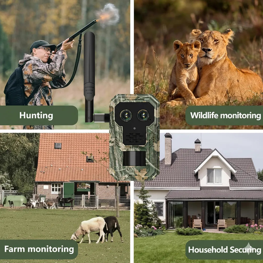 Collage of images showing hunting, wildlife monitoring, farm monitoring, and household securing with a camera device.