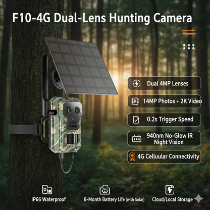 F10-4G Dual-Lens Hunting Nordowl Trail Camera attached to a tree with forest background