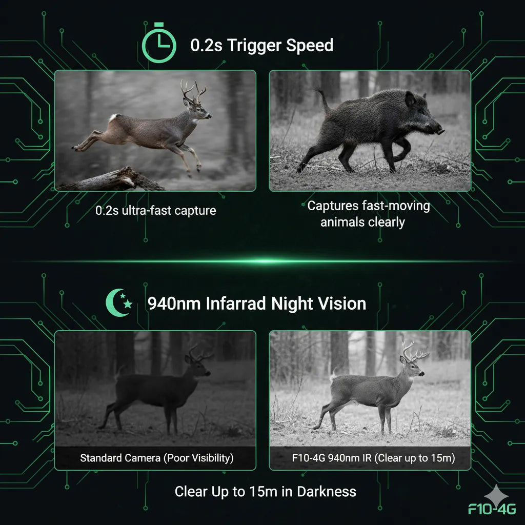 Product feature display with trigger speed and infrared night vision capabilities.