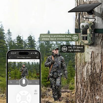 Nordowl Trail Camera attached to a tree with smartphone app interface and person in camouflage gear.