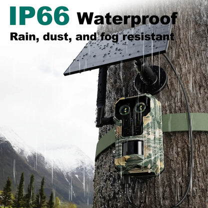 Camouflage Nordowl Trail Camera on a tree with IP66 waterproof text