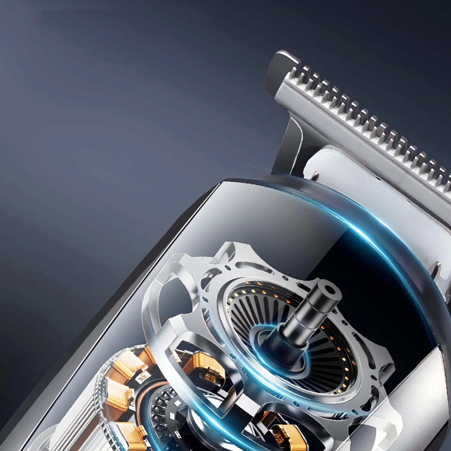 Close-up of a Nordzens Hair Clipper mechanism with metallic and blue elements on a dark background
