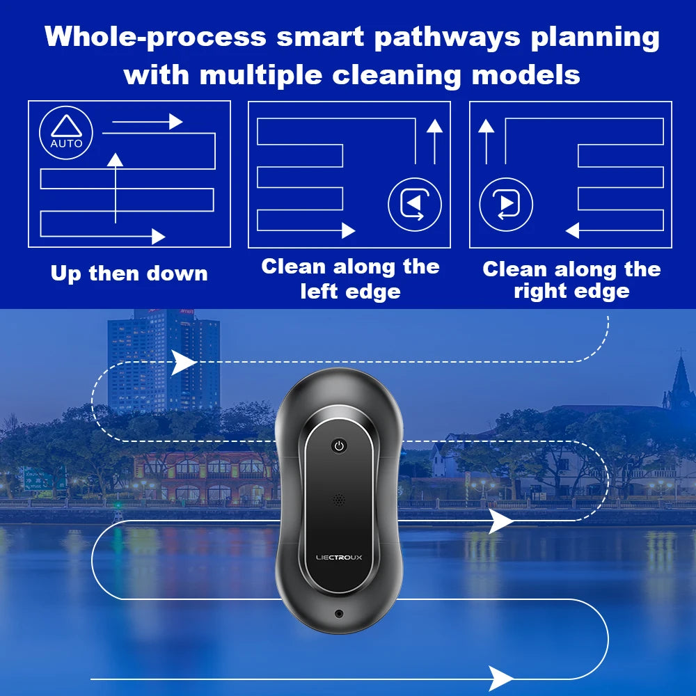 Nordzens Window Cleaning Robot with cleaning path instructions on a blue background