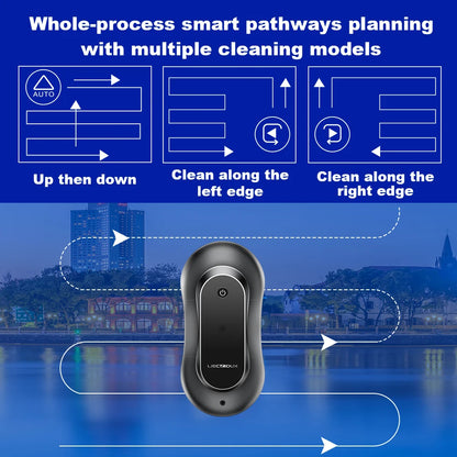 Nordzens Window Cleaning Robot with cleaning path instructions on a blue background