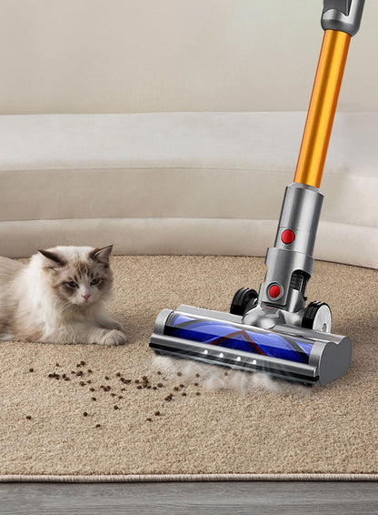 Noventrixa Vacuum Cleaner cleaning a carpet with a cat observing nearby.