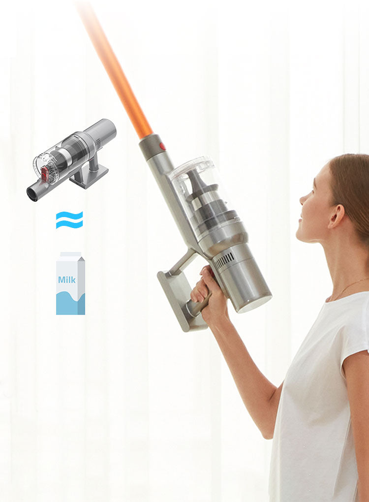 Person holding a modern Noventrixa Vacuum Cleaner with attachments on a white background