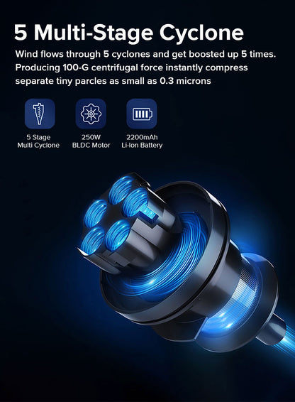 Noventrixa Vacuum Cleaner with blue light and text about multi-stage cyclone technology on a dark background