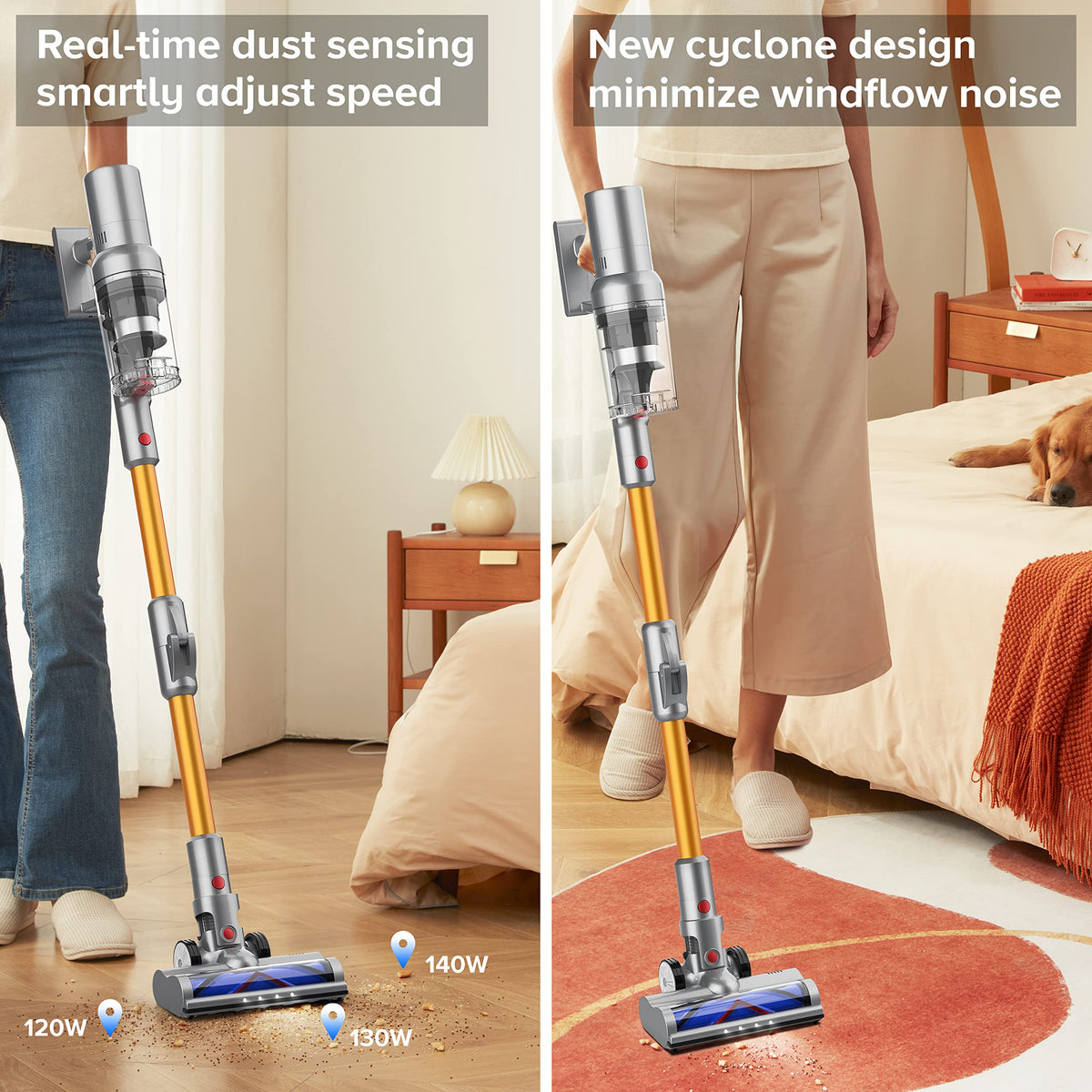 Noventrixa Vacuum Cleaner with text highlighting features in a bedroom setting