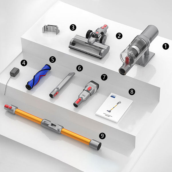 Noventrixa Vacuum Cleaner parts displayed on a white platform with labels.