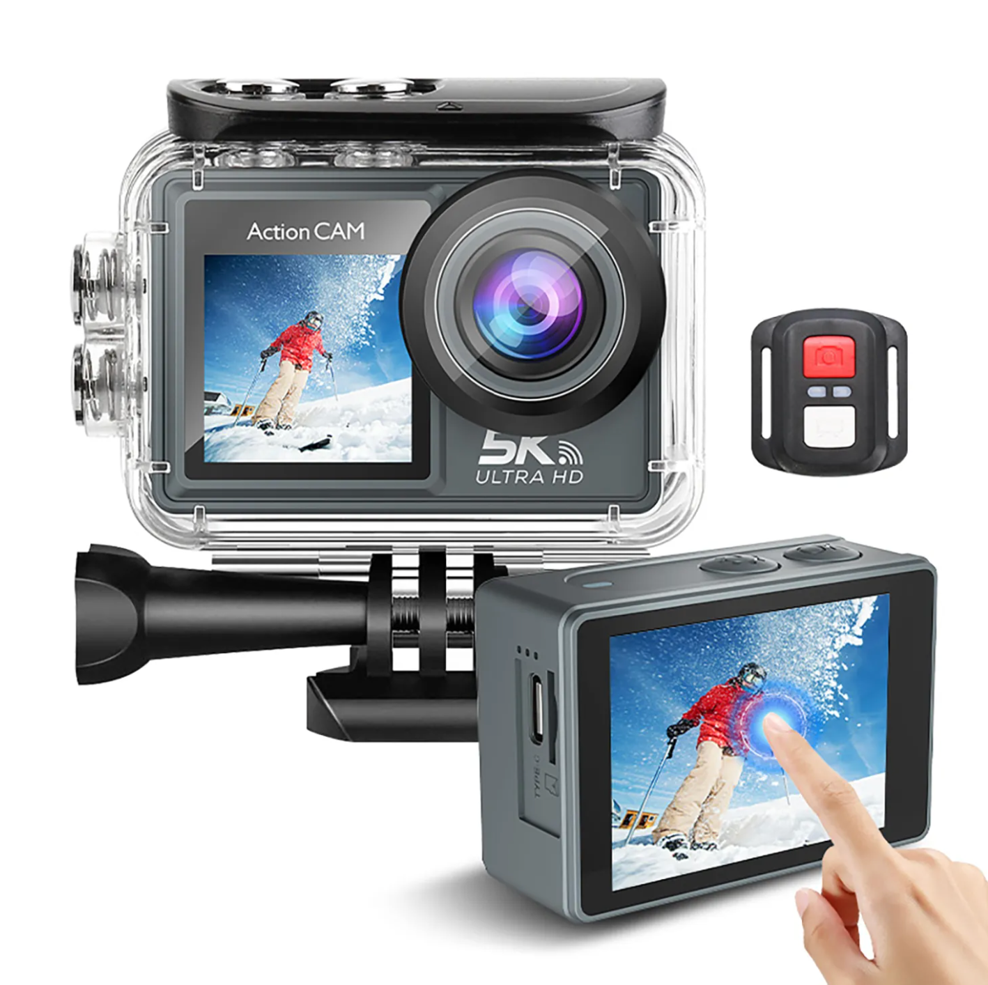 Black Noxus 5K Action Camera with a clear waterproof housing, shown with a mounting bracket, a separate remote control, and a hand pointing at the rear screen displaying a snowy outdoor scene.