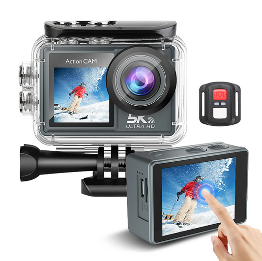 Black Noxus 5K Action Camera with a clear waterproof housing, shown with a mounting bracket, a separate remote control, and a hand pointing at the rear screen displaying a snowy outdoor scene.