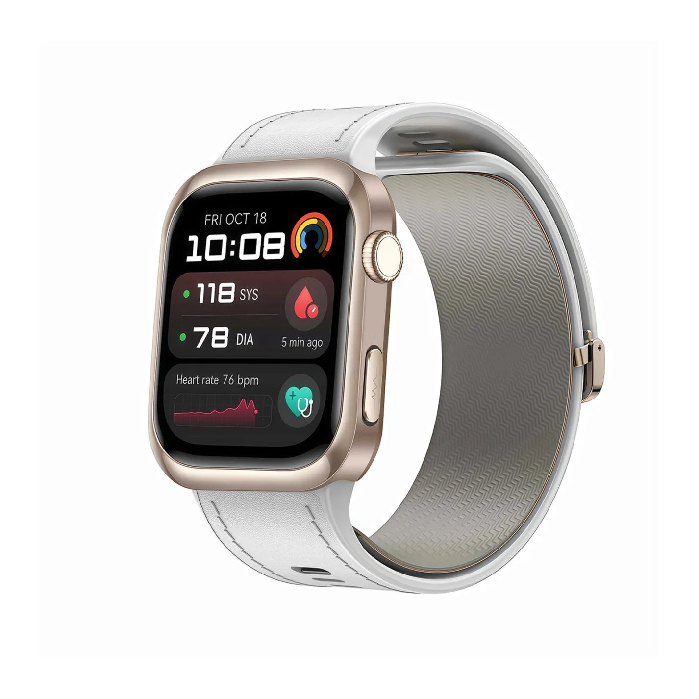 Noxus Blood Pressure Smartwatch with a white band on a white background