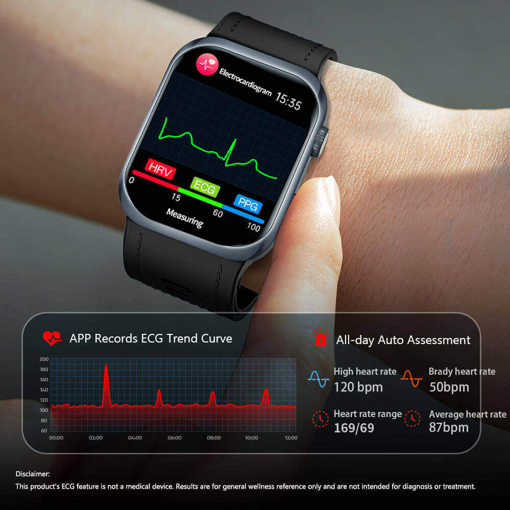 Noxus Blood Pressure Smartwatch displaying ECG monitoring on a wrist with additional text about app features.