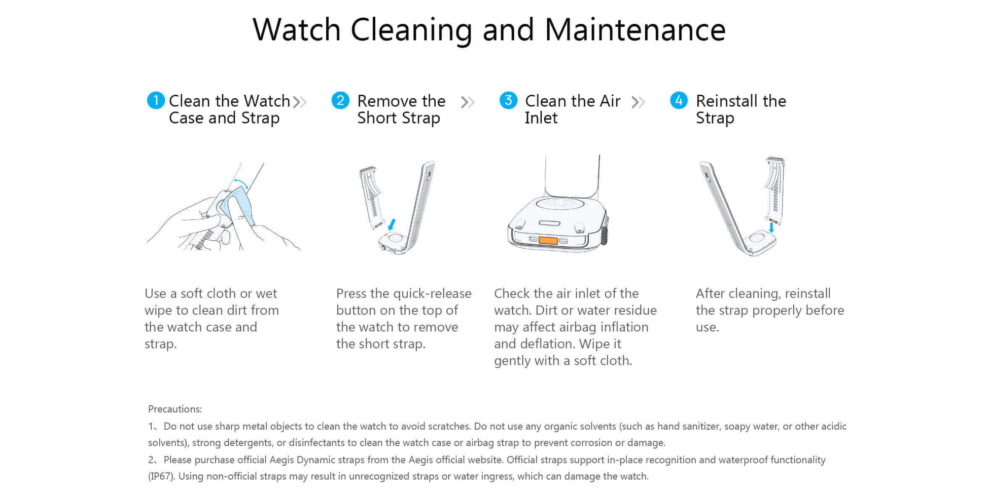 Instructions for Noxus Blood Pressure Smartwatch cleaning and maintenance on a white background