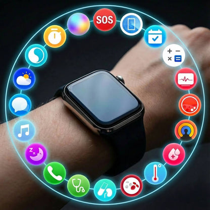 Noxus Blood Pressure Smartwatch on a wrist with various app icons displayed around it