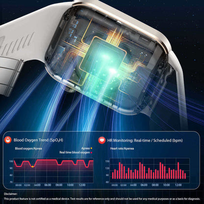 Close-up of a medical Noxus Blood Pressure Smartwatch device with digital displays and graphs on a dark background
