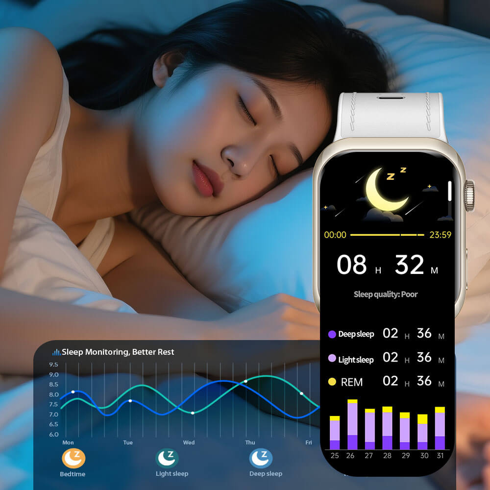 Woman sleeping with a Noxus Blood Pressure Smartwatch displaying sleep monitoring app on a blue background